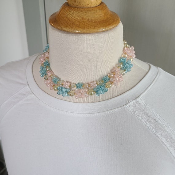 1950s Graduated 2 Strand Necklace Vintage Choker Necklace Pink & Blue Acrylic Beaded Necklace 50s Collar Necklace Cocktail Necklace Earrings