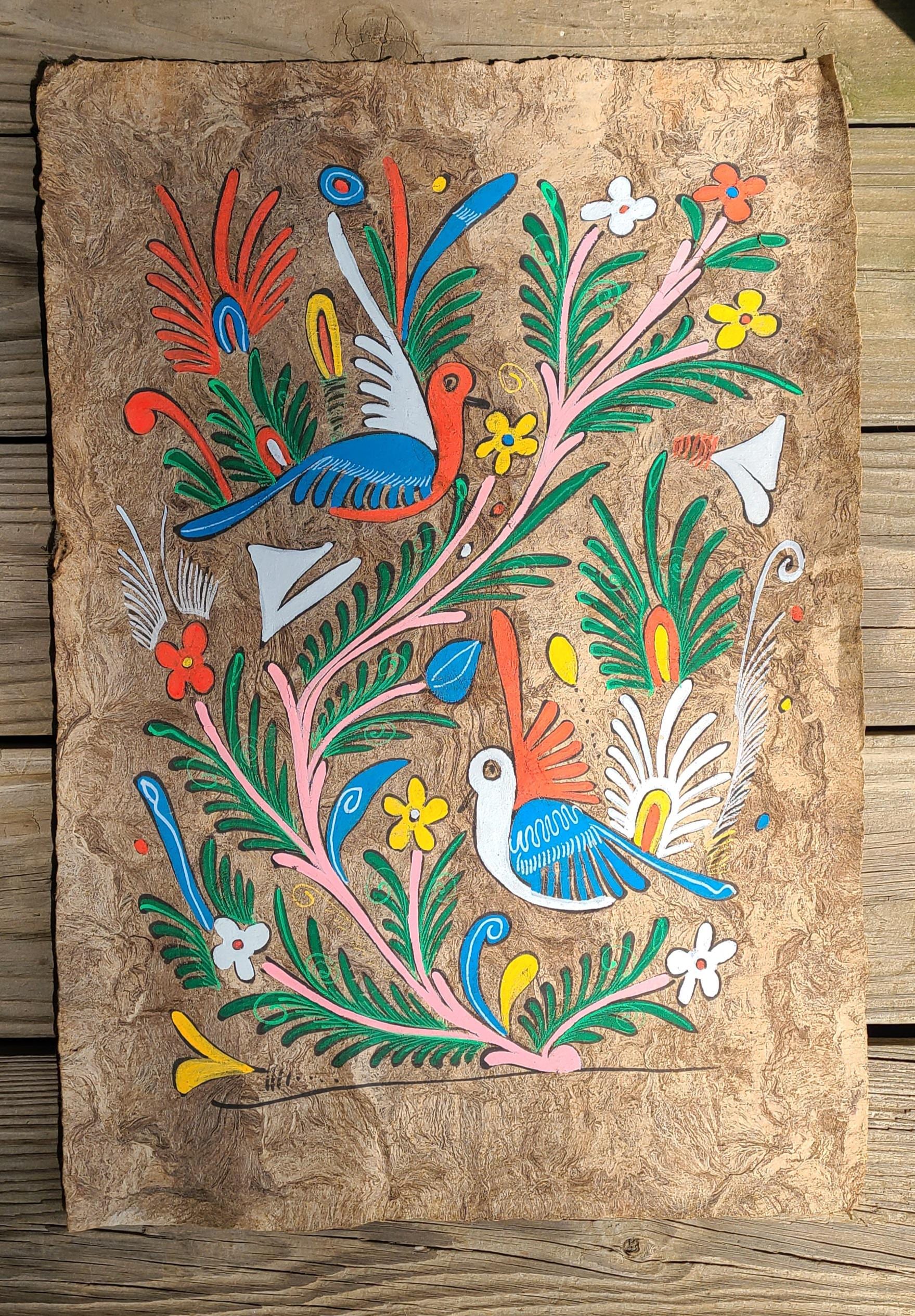 Vintage Amate Bark Painting 1970s Mexican Folk Art Painting Bird
