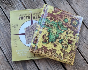 Vintage Photo Album 1950's Antique Map Photo Album Magnetic Scrapbook Size Photo Album 60s Ring Binder Photo Album Vinyl Photo Albums