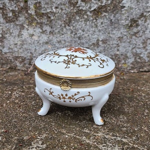Vintage Trinket Box Porcelain Trinket Box Gold Floral Trinket Box Made in Japan Trinket Box Footed Trinket Box Round Vanity Box 1950&#39;s