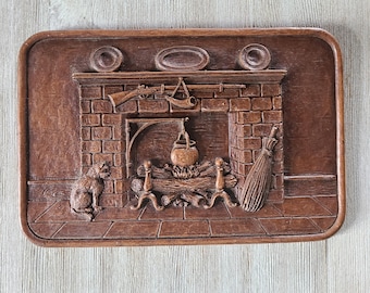 Vintage Colonial Fireplace Hearth Wall Plaque 1970s Syroco Faux Wood Fireplace Wall Plaque Bas Relief Resin Wall Plaque Cottagecore