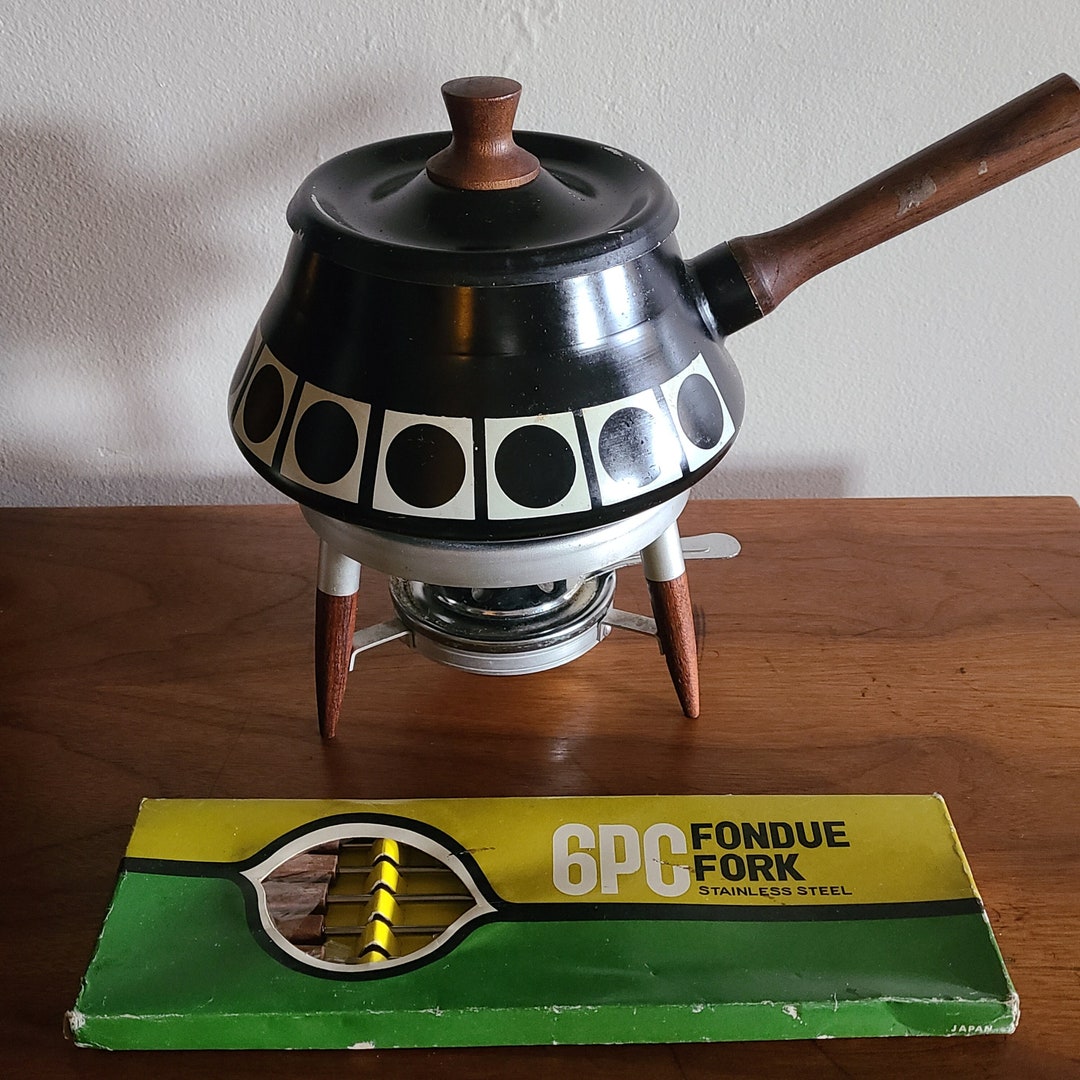 Vintage Fondue Set Black Enamel Fondue Pot With Forks Complete Set