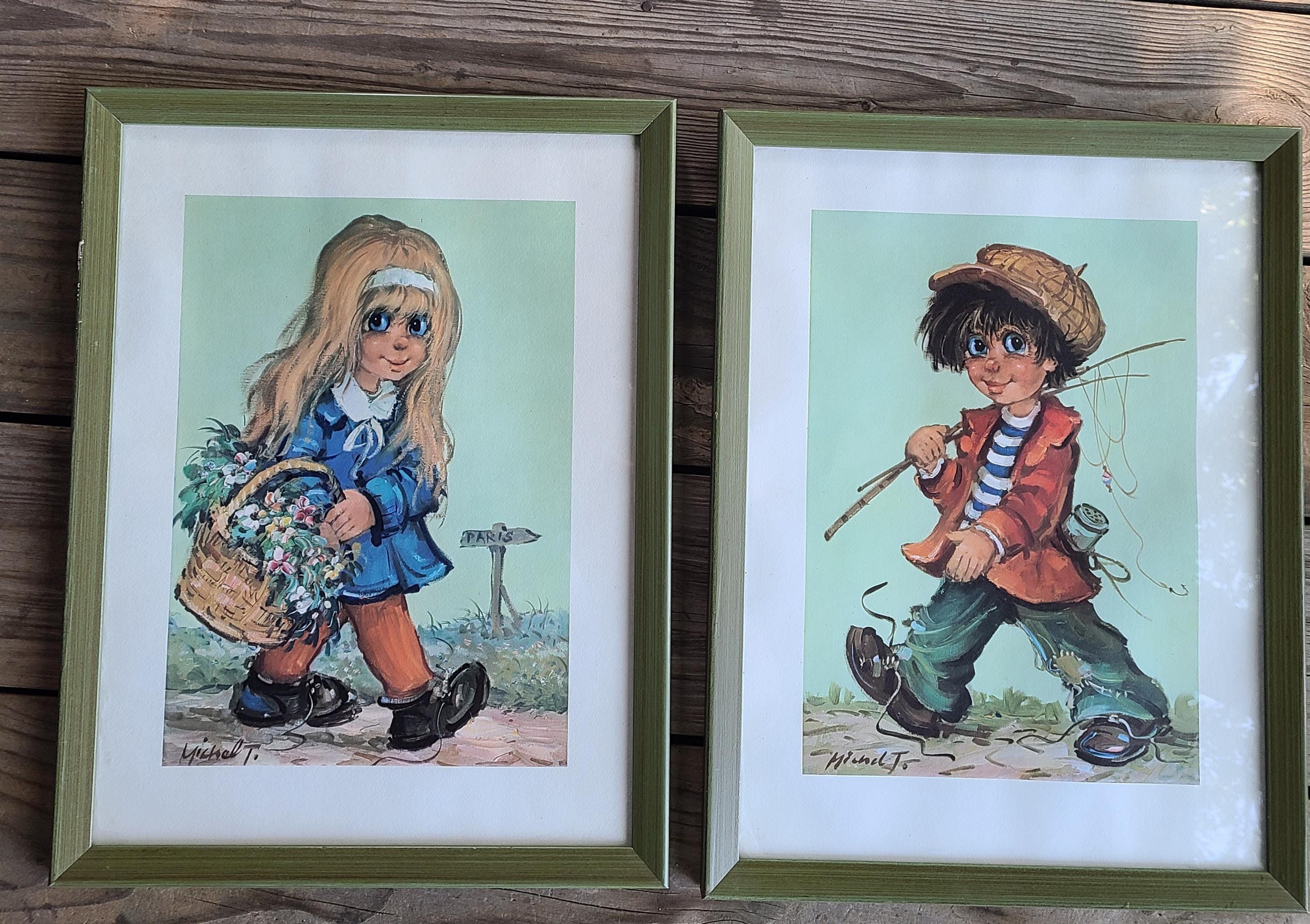 1960's Michel Thomas Lithograph Big Eye Girl and Boy Print