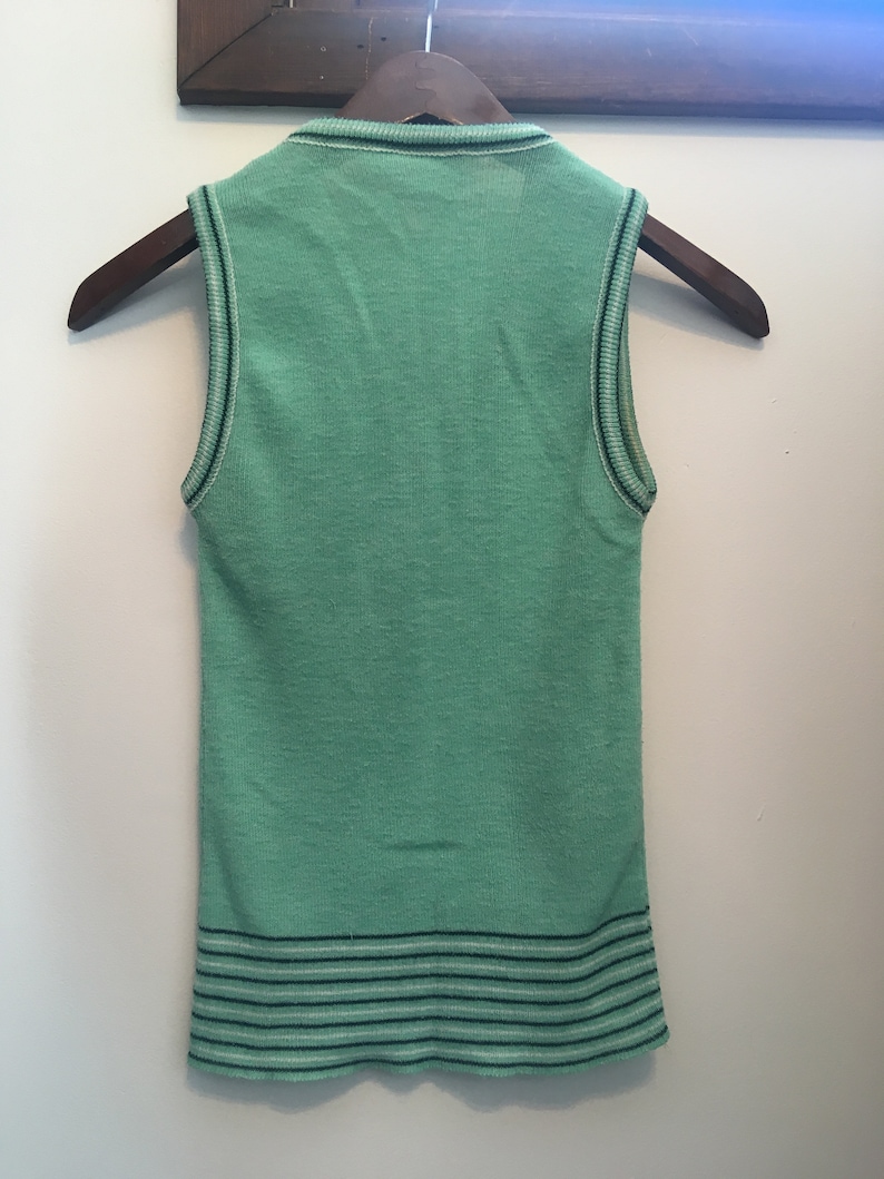 Vintage 1960s Mint Green with Black and White Striped Edging Button Front Cardigan and Tank Knitwear Set Free Shipping