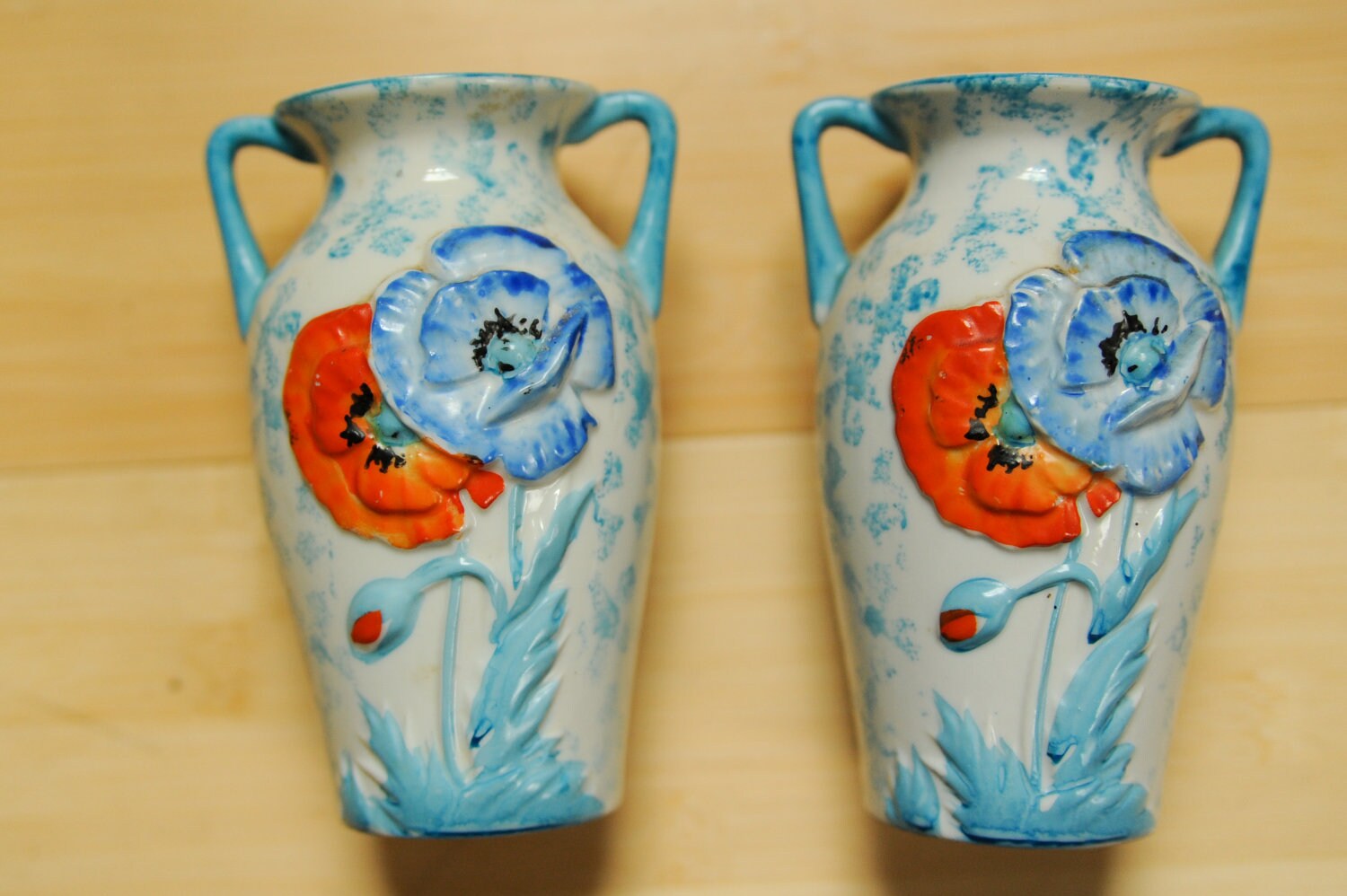 Vintage Blue and Orange Flower Vases Set of 2 Etsy