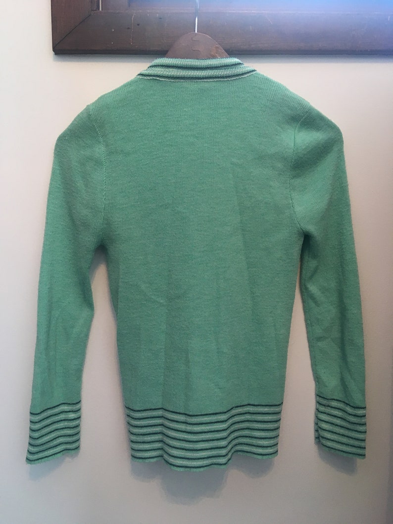 Vintage 1960s Mint Green with Black and White Striped Edging Button Front Cardigan and Tank Knitwear Set Free Shipping