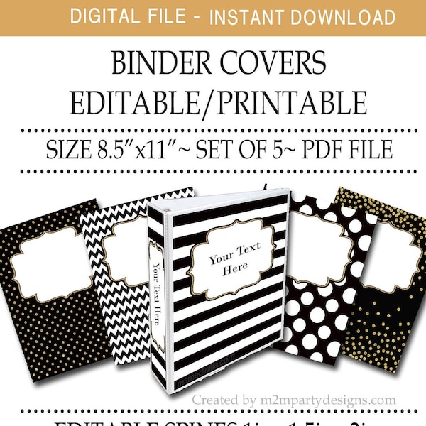 Binder Cover Printable Editable Black,White, Gold Binder Covers Super Student. Teacher Editable Printable Set of 5 Download PDF File
