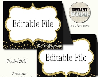 Black and Gold Food Tent, Glitter Gold Place Cards, Printable Party Decorations, Food Table Cards INSTANT DOWNLOAD