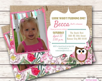 Owl Birthday Invitations. Printable Invitation. Pink Gold Owl Party.  Girl 1st birthday, First birthday Digital Invitation girl,