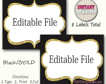 Candy Buffet Labels Black, Gold Print EDITABLE Card, Candy, Popcorn, Snack, Ice Cream, Cookie Buffet Labels, Instant Download