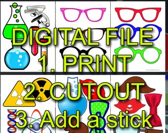 May include: A set of printable photo booth props with a science theme. The props include a beaker, a test tube, a magnifying glass, a pair of glasses, a bow tie, a mustache, a radiation symbol, a DNA strand, an atom, and a pair of lips. The text on the image reads "DIGITAL FILE 1. PRINT 2. CUTOUT 3. Add a stick Photo Booth Props Created by M2MPartyDesigns.com"