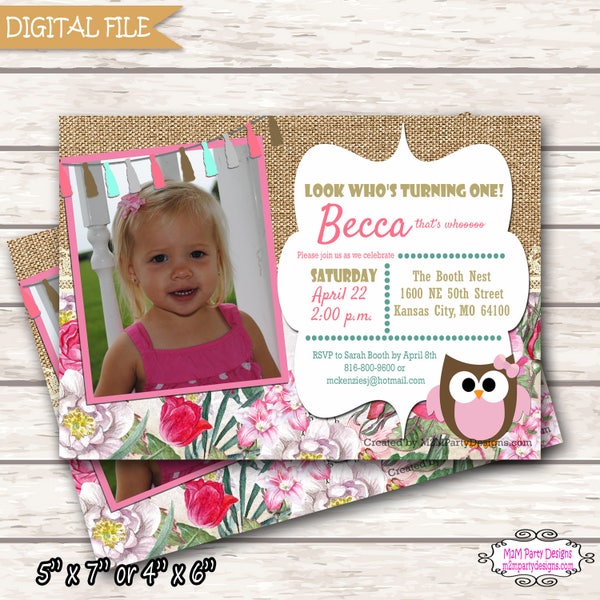 Owl Birthday Invitations. Printable Invitation. Pink Gold Owl Party.  Girl 1st birthday, First birthday Digital Invitation girl,