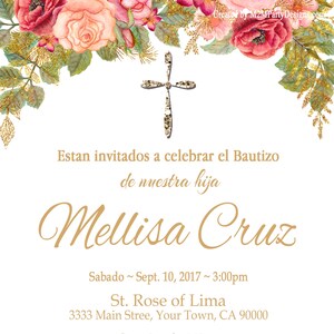 Baptism Invitation Custom Printable Print at Home Personalized Invitacion de Bautizo