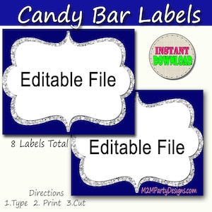Étiquettes de buffet de bonbons bleu marine, argent, carte modifiable imprimée, bonbons, pop-corn, collation, crème glacée, étiquettes de buffet de biscuits, téléchargement instantané