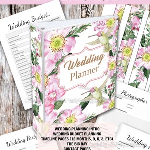 May include: A pink and green wedding planner binder with a hummingbird illustration on the cover. The binder includes 100 printable pages for planning a wedding, including a budget, timeline, guest list, and vendor contacts. The text on the cover reads "Wedding Planner" and "Created by M2MPartyDesigns.com".