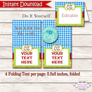 May include: Four printable tent cards with a blue and white gingham pattern, red and gold trim, and green and yellow accents. The cards feature the text "OZ" and "Your Text Here". The cards are 2.5 by 3 inches when folded.