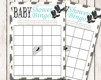 Western Baby Shower Bingo Game Printable Instant Download Teal Gray Yellow