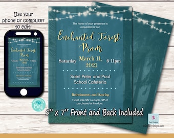 Enchanted Forest Prom Invitation With String Lights. Printable. Fairytale Themed Junior Or Senior Prom Night Invitations PTO, PTA