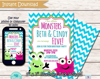 Editable Monster Birthday Girl Party Twin Invitation Little Monster Chevron Baby Blue Party Invitations Instant Download. Digital File.