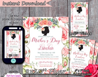 Mother's Day Celebration Flyer, Ticket, Invitation Church Community Event, Mom Appreciation Event pto pta INSTANT DOWNLOAD SET of 3