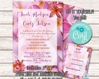 Hawaiian Wedding Invite  DIY Custom Printable Wedding Invitations Instant Download Pink Plumeria Invites RSVP Card SET