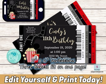 Movie Ticket Birthday Invitation, Red Carpet Party (DIY Printable)