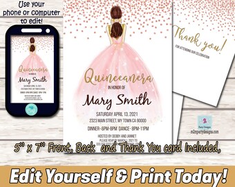 Rose Gold Quinceanera Invitation: Pink Dress, Glitter (Digital File)