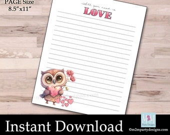Printable Valentines Day Stationary, Love Stationary, February Cute Owl Stationary, Heart Instant Digital Download