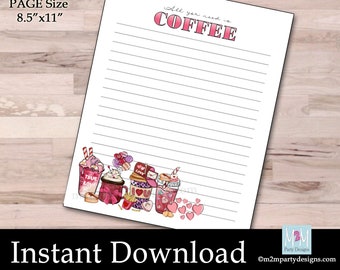 Printable Valentines Day Stationary, Love Stationary, February Coffee Stationary, Heart Instant Digital Download