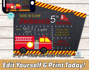 Red Fire Truck Birthday Party Invitation, Fireman Fire Engine Digital Editable Invite, Firefighter DIY Printable, Instant Access Template