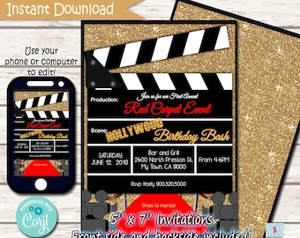 Red Carpet Party Invitation Printable Invitation, DIY, Hollywood Invite, Instant Download, Movie Night Digital File, PTO, PTA, Stay at Home
