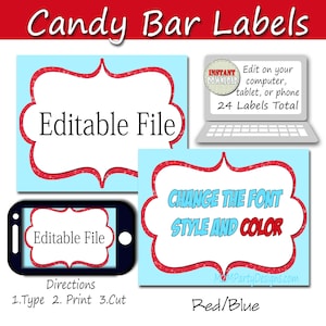 Etiquetas buffet de caramelo rojo azul impresión editable tarjeta, caramelo, palomitas de maíz, merienda, helado, etiquetas de buffet de galletas, juego de descarga instantánea de 24