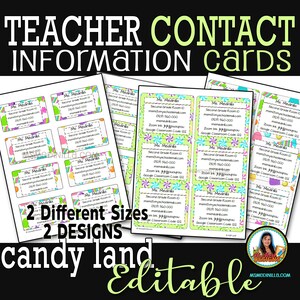2 modèles de cartes de contact de l’enseignant MODIFIABLES; Retour à l’école Candy Land Carte de visite; Rencontrez la carte d’information de l’enseignant; Téléchargement instantané