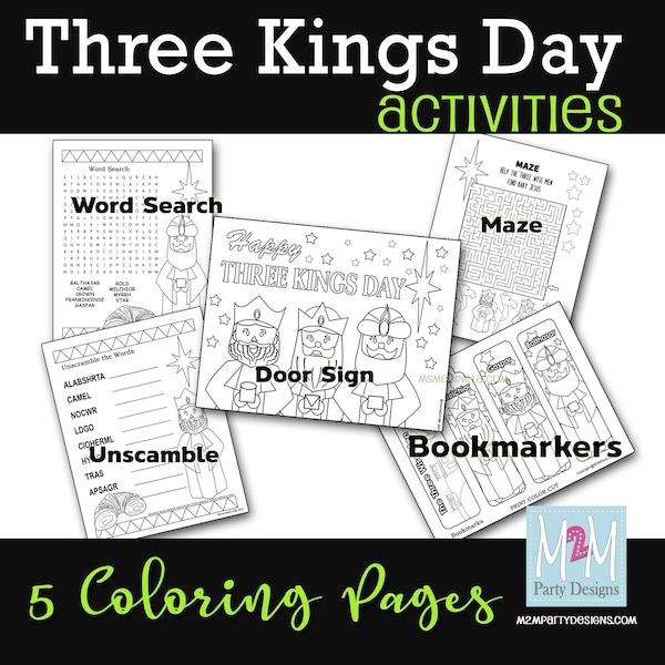 Three Kings Day, Three Wise Men Activity Set of 5 Pages, Printable Kids Coloring