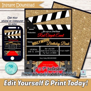 Red Carpet Party Invitation Printable Invitation, DIY, Hollywood Invite, Instant Download, Movie Night Digital File, PTO, PTA, Stay at Home