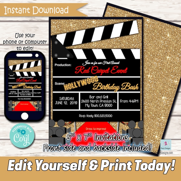 Red Carpet Party Invitation Printable Invitation, DIY, Hollywood Invite, Instant Download, Movie Night Digital File, PTO, PTA, Stay at Home