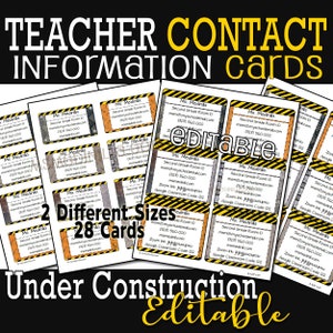 2 modèles de cartes de contact de l’enseignant MODIFIABLES; Carte de visite de retour à l’école en construction; Rencontrez la carte d’information de l’enseignant; Téléchargement instantané