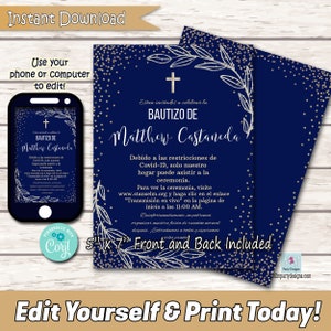 First Communion, Baptism Invitation Custom Party printable template, Royal Blue INSTANT DOWNLOAD editable pdf Invitacion de Comunion Bautizo