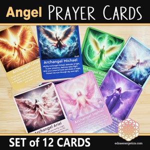 May include: A set of 12 Angel Prayer Cards featuring illustrations of archangels with their names and short descriptions. The cards have a variety of colors, including gold, blue, green, and purple. The text "Angel Prayer Cards" is at the top.