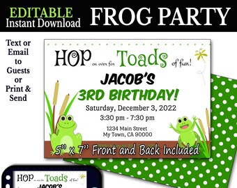 Editable Frog Birthday Party Invitation Frog Digital 5x7 Invite, Toad Birthday Party, Instant Download Printable  DIY