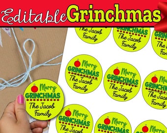 Editable Grinchmas Gift Tags, Hang Tags Set of 36 Instant Download, Digital File