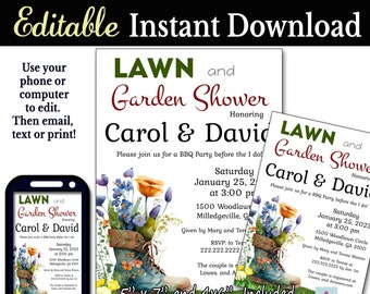 Editable Lawn and Garden Invitations, Shower Printable Digital File, Bridal Shower, or House Warming Shower, Instant Download