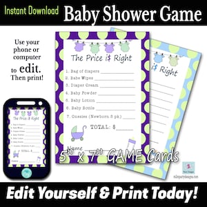 Jogo de chá de bebê Price Is Right: varal roxo e verde - conjunto de 2 cartões editáveis diferentes Download instantâneo digital