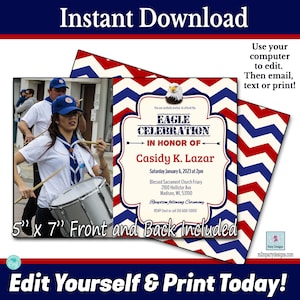 May include: A printable 5" x 7" invitation for an Eagle Celebration in honor of Casidy K. Lazar. The invitation features a red, white, and blue chevron pattern and a photo of a group of people playing drums. The event will be held on Saturday, January 6, 2023 at 2pm at Blessed Sacrament Church Friary in Madison, Wisconsin.
