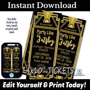 Editable Black and Gold Gatsby Inspired TICKETS. Glitter Gold Flapper. 4x10inch Digital File INSTANT DOWNLOAD