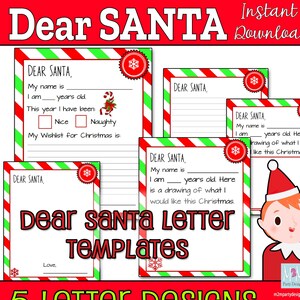Querida carta de Santa, página de descarga de carta a Santa, carta para niños a Santa, lista de deseos de Navidad conjunto de archivos digitales de 5