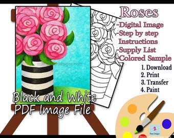 Mother’s Day Flowers Paint Party | Pink Roses in Striped Vase Acrylic Tutorial | Spring Floral Painting | Farmhouse Decor | Instant Download
