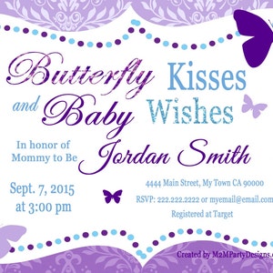 Butterfly Kisses and Baby Wishes Invitation for Baby Shower Purple Teal image 2