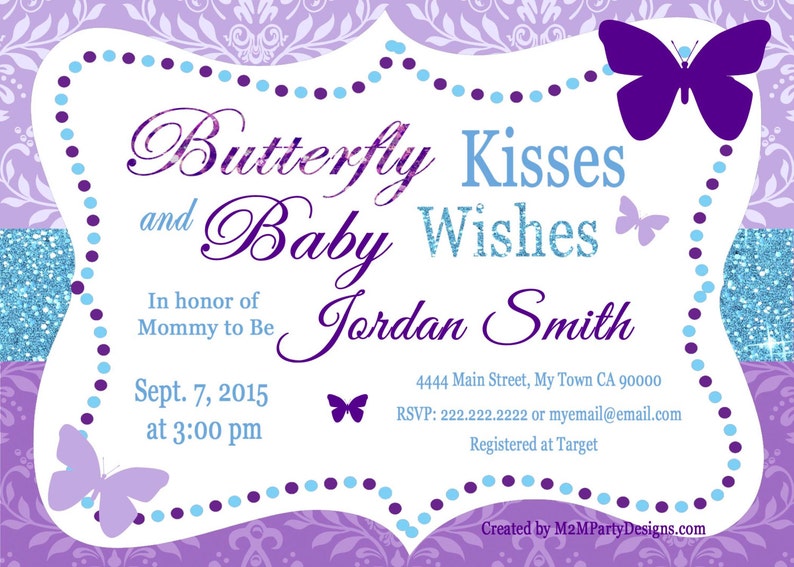 Butterfly Kisses and Baby Wishes Invitation for Baby Shower Purple Teal image 2