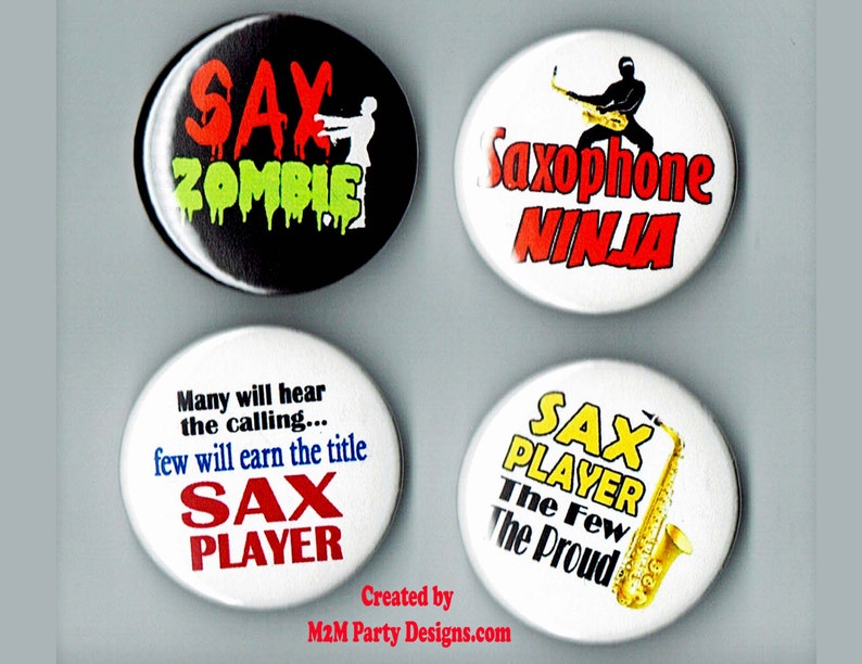 Saxophone Ninja,Sax Zombie, Sax Player Buttons or Magnets size one and a half Buttons Pinback Buttons and Pins SET of 12 image 4